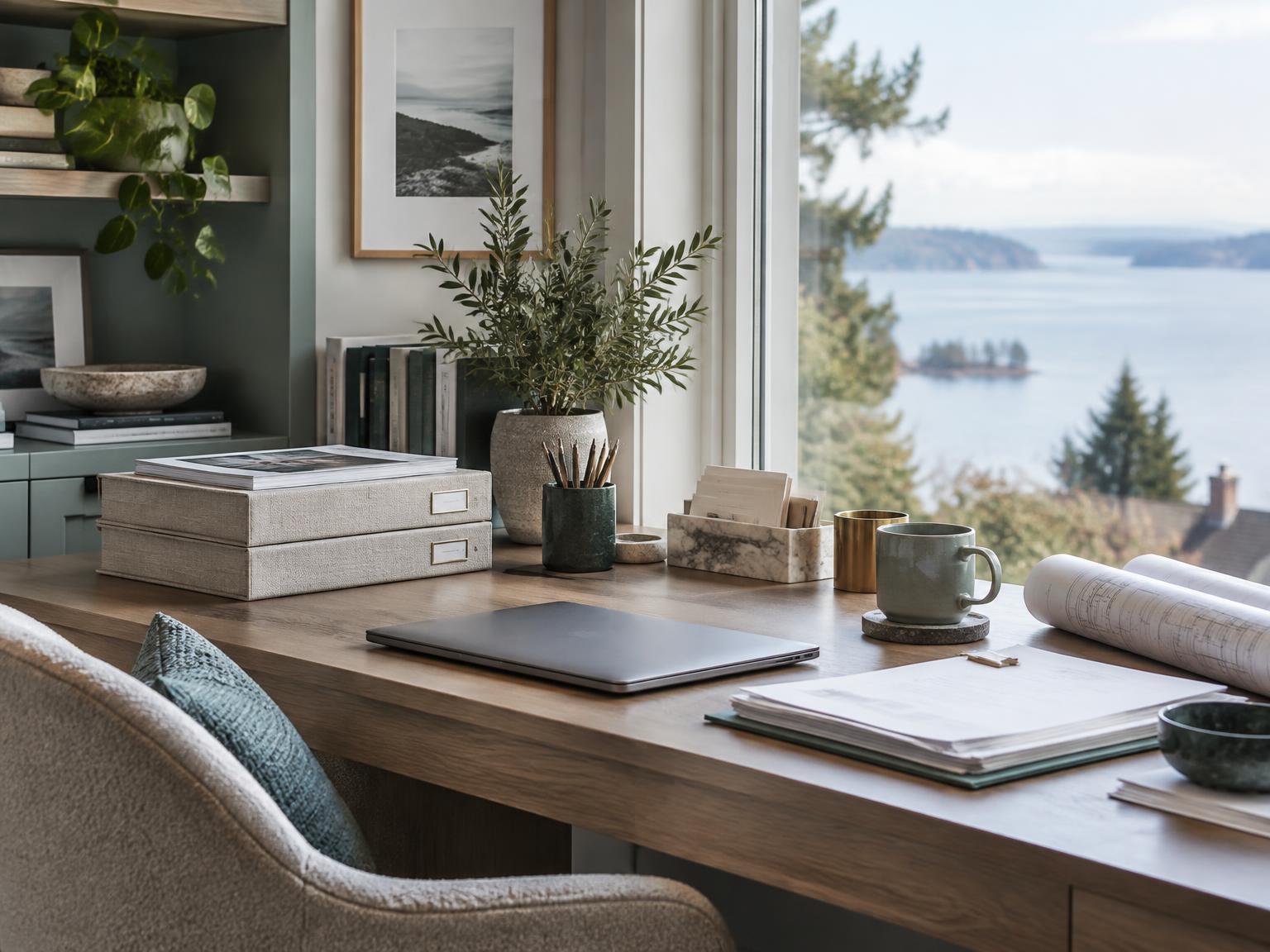 A calm home desk by a window with linen document boxes, a closed laptop, papers and rolled plans